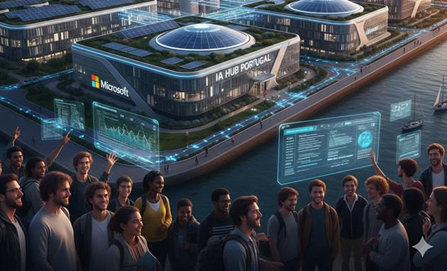 Hub de IA Microsoft em Portugal sustentável, com vista para o Rio Tejo, energia eólica e pessoas.
